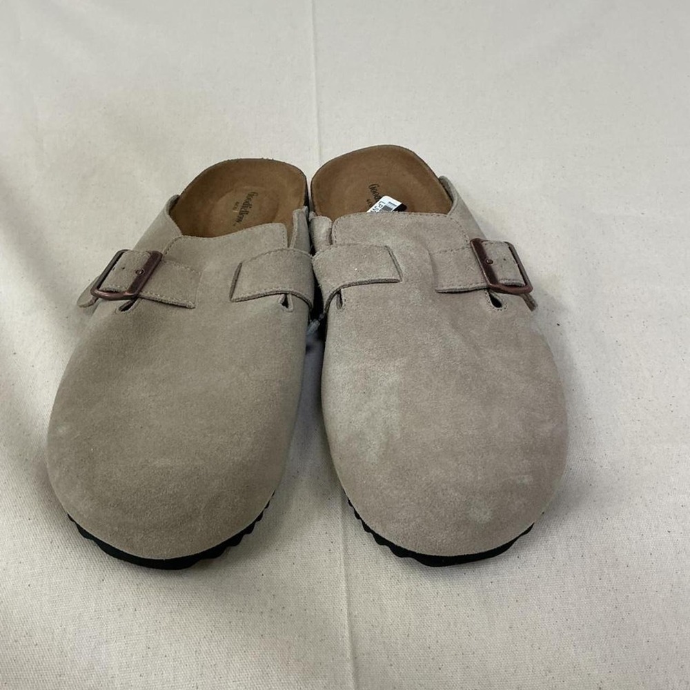 Neutral suede-style clog mules